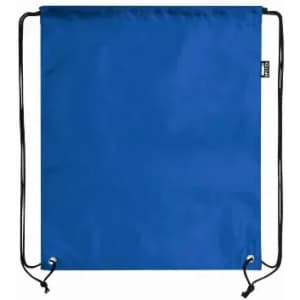 A drawstring bag in a vibrant blue colour with two black cords for fastening. It has a small branding label.