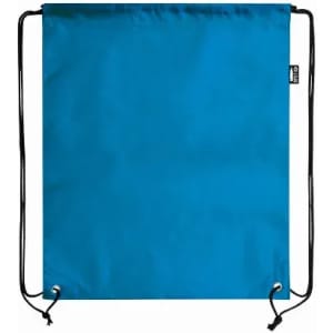 A drawstring bag in bright blue with black cords and a small logo.