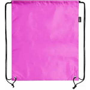 A drawstring bag in bright pink with black cords, featuring a branding logo.