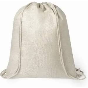 A drawstring bag in a light beige colour with a textured surface and coordinating drawstrings.
