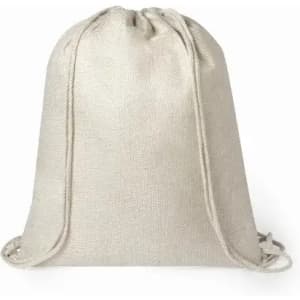 A drawstring bag in a natural beige colour with a simple design and fabric texture.