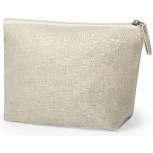 A beige zip-up pouch made from a textured fabric, featuring a rectangular shape and an oblique base.
