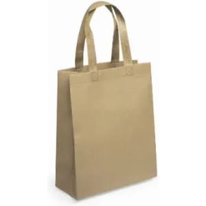 A tote bag in a light brown colour with two sturdy handles and a textured surface. It has a logo on the side.