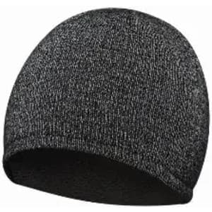 A beanie hat in black and grey, featuring a snug and knitted texture. It has a rounded top and no embellishments.