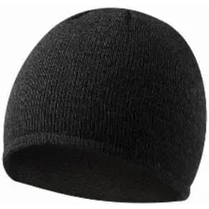 A knitted black beanie hat with a snug fit, featuring a simple design.
