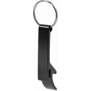 A black bottle opener keychain with a sleek design, attached to a metal ring.