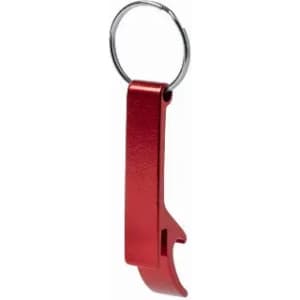 A red keychain bottle opener with a sleek design, featuring a ring for attachment.