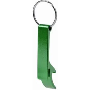A green bottle opener keychain with a simple design and a metal ring for attachment.