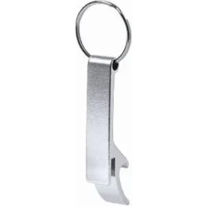 A bottle opener keychain in silver metal, featuring a sleek, minimalist design and a loop for attachment.