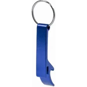 A blue metal bottle opener keychain with a sleek design and a circular keyring attachment.