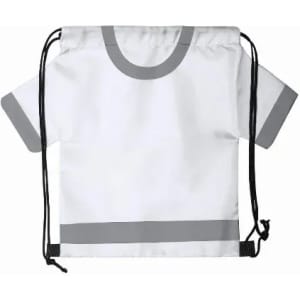 A drawstring bag designed to resemble a white T-shirt with grey accents, featuring black drawstrings.