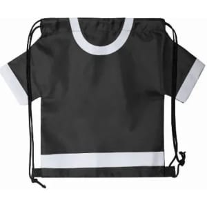 A drawstring bag designed to resemble a black sports jersey, featuring white accents and a round neck design.