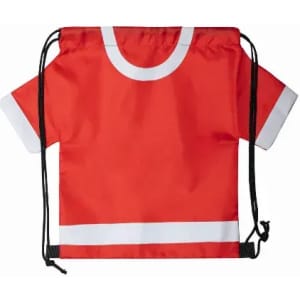 A red training bib with white stripes and adjustable drawstrings, designed like a short-sleeved shirt.