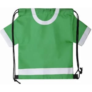 A drink bottle with a green and white sporty design, featuring a logo and drawstring for closure.
