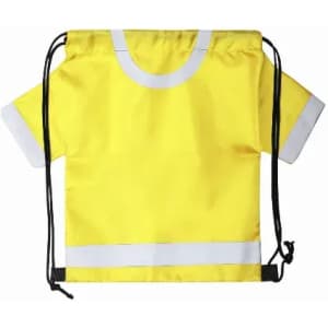 A yellow drawstring backpack resembling a T-shirt, featuring white trim and black drawcords.