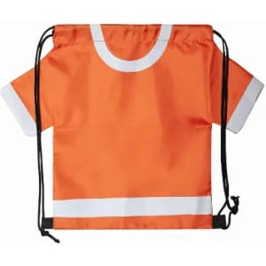 An orange drawstring bag shaped like a T-shirt, featuring white stripes and black cords for closure.