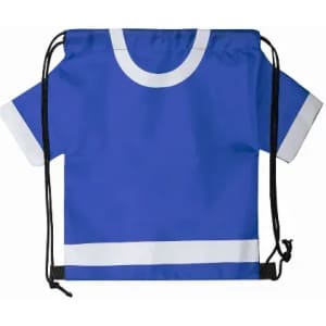 A blue drawstring sports training bib with white accents and short sleeves. It features a logo on the front.
