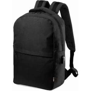 A black backpack with padded shoulder straps and a front pocket, featuring a simple design and a logo.