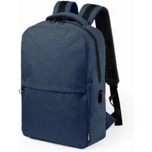 A navy blue backpack with a zippered front pocket and padded shoulder straps, featuring a logo on the side.