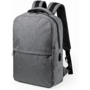A grey backpack featuring adjustable straps, a front pocket, and a logo on the side.