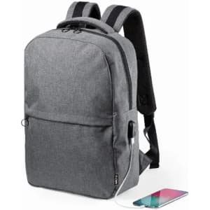 A grey backpack with a front pocket and charging cable, featuring padded straps for comfort.