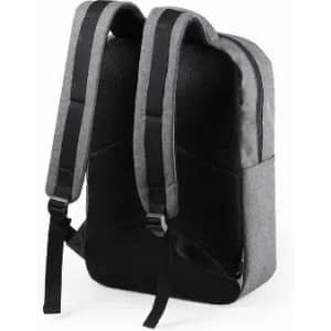 A backpack featuring a grey and black design, with padded straps and a textured back panel. It includes a logo.