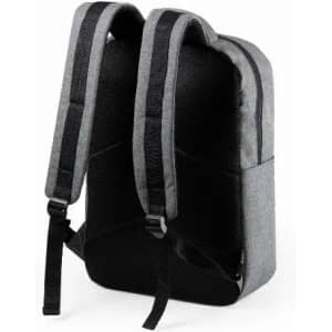 A grey and black backpack featuring padded straps and a sleek design. The backpack has a logo on it.