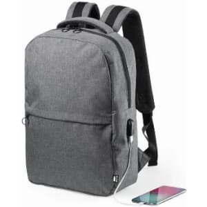 A grey backpack with a sleek design and built-in charging port, featuring padded shoulder straps.