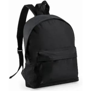A backpack in solid black with adjustable straps and a front pocket for storage. Features a logo on the front.