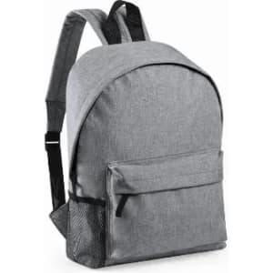 A grey backpack with a large main compartment and a side mesh pocket. Features thick shoulder straps for comfort.