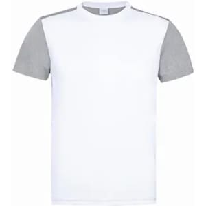 A T-shirt featuring a white body with grey sleeves and a logo on the front.