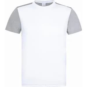 A short-sleeved T-shirt featuring a white body with grey sleeves and a logo on the chest area.