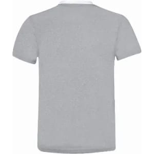 A grey short-sleeved T-shirt with a white collar, featuring a logo on the back.