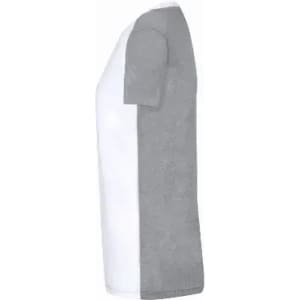 A T-shirt with a grey sleeve and white body, featuring a simple design and a branding logo.