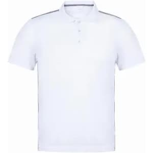 A white polo shirt featuring a simple design and a collar, with contrasting grey stripes on the sleeves.