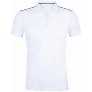 A white polo shirt featuring a collar and three buttons, with subtle detailing on the shoulders.