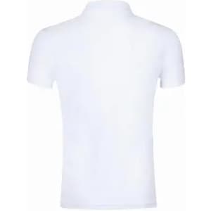 A plain white short-sleeved polo shirt displayed from the back. It features a collar and a simple design.