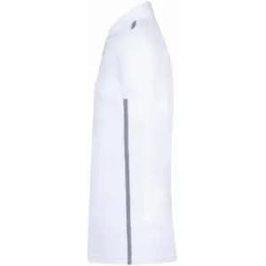 A white shirt with a grey stripe along the side and a logo on the upper part.