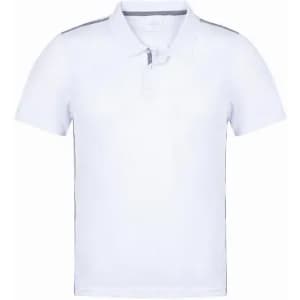 A white polo shirt with a logo, featuring a classic collar and a short-sleeve design.
