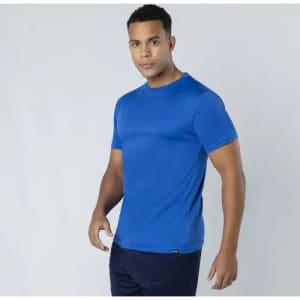 A blue short-sleeved T-shirt on a model, featuring a logo on the side.