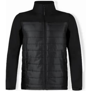A black jacket featuring a combination of padded and smooth fabric, zip closure, and side pockets. It has a logo present.