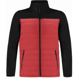 A red and black soft shell jacket featuring a zip front and zippered pockets, with a logo present.