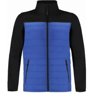A soft shell jacket featuring blue and black colours, with a zip front and two side pockets. It has a branding logo.