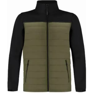 A soft shell jacket featuring olive green panels and black sleeves, with a zip front and pockets. It has a logo.
