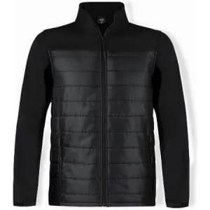A black jacket featuring a zip front, with padded sections and side pockets. The design is sleek and modern.
