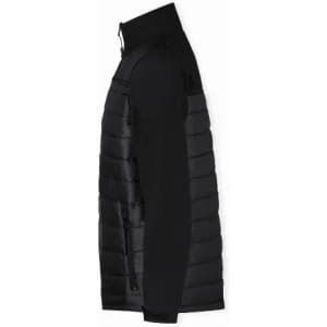 A jacket featuring a black padded section and black sleeves, with a high collar and zipped front. It includes a logo.