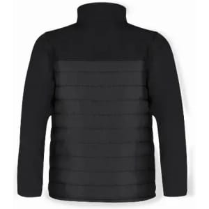 A black jacket featuring a smooth upper back and quilted lower section, with a high collar and long sleeves.