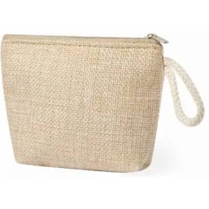 A small beige pouch made from natural fabric with a zip and a fabric loop. Features a simple, textured design.