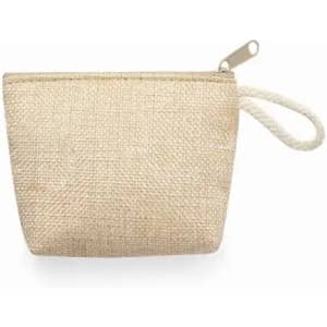 A natural jute pouch with a textured finish and a small wrist strap, featuring a zip closure.