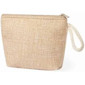 A pouch in a natural beige colour made from woven fabric, featuring a zip closure and a wrist strap.